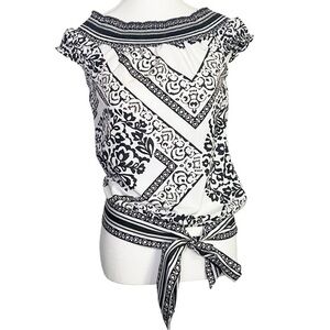 White House Black Market Black and White Paisley Tie Front Blouse